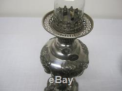 Rare Antique Silver Plated Jr Banquet Lamp Signed Sheffield, Floral Ball Shade