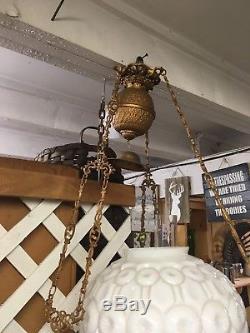 Rare Antique Victorian Chandelier Hanging Oil Lamp Original Milk Glass Globe