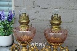 Rare Antique bronze French Church altar PAIR oil Lamps enamel decor religious