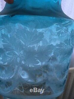 Rare Authentic Victorian Blue Etched Glass Duplex Oil Lamp Shade