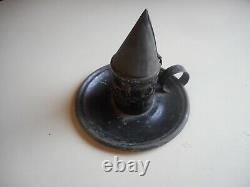 Rare C. 1820-1840 Tin Whale Oil Finger Lamp with rare Witches Hat snuffing Lid