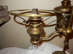 Rare Engraved Tooled B & H Keroene Oil Brass Double Parlor Table Student Lamp