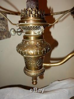Rare Engraved Tooled B & H Keroene Oil Brass Double Parlor Table Student Lamp