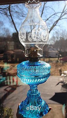 Rare Old c. 1887 Large Antique EAPG Blue Bloxam Kerosene oil lamp Amazing lamp