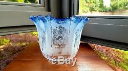 Rare Original Victorian Duplex Blue glass acid etched floral oil lamp shade 4