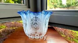 Rare Original Victorian Duplex Blue glass acid etched floral oil lamp shade 4