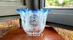 Rare Original Victorian Duplex Blue glass acid etched floral oil lamp shade 4