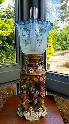 Rare Original Victorian Duplex Blue glass acid etched floral oil lamp shade 4