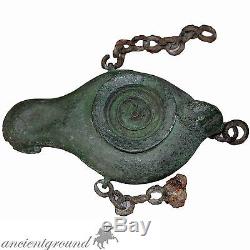 Rare Roman Bronze Oil Lamp With Chains, Circa 200-300 Ad