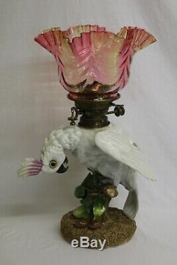 Rare Sitzendorf Porcelain Cockatoo Duplex Sized Oil Lamp