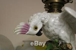 Rare Sitzendorf Porcelain Cockatoo Duplex Sized Oil Lamp