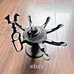 Rare Six Spout Antique Bronze Oil Lamp Middle Eastern Cat Lid Bird Handle