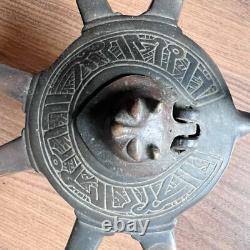 Rare Six Spout Antique Bronze Oil Lamp Middle Eastern Cat Lid Bird Handle