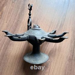 Rare Six Spout Antique Bronze Oil Lamp Middle Eastern Cat Lid Bird Handle