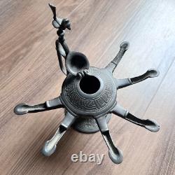 Rare Six Spout Antique Bronze Oil Lamp Middle Eastern Cat Lid Bird Handle
