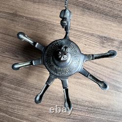Rare Six Spout Antique Bronze Oil Lamp Middle Eastern Cat Lid Bird Handle