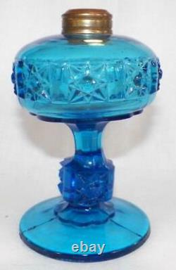 Rare Stars & Bars Miniature Lamp Blue Glass Kerosene Oil Bellaire EAPG Antique