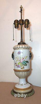 Rare antique 1800's hand painted pottery brass porcelain electrified oil lamp