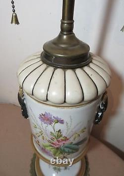 Rare antique 1800's hand painted pottery brass porcelain electrified oil lamp