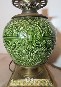 Rare antique 1800's ornate Minton majolica pottery gilt bronze electric oil lamp