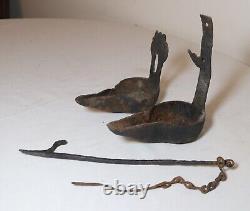 Rare antique 18th century hand wrought iron double cruise Betty oil burning lamp