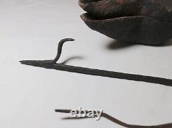 Rare antique 18th century hand wrought iron double cruise Betty oil burning lamp