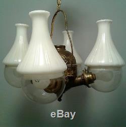 Rare antique brass Quadruple 4 arm Angle Lamp Co. Converted hanging Chandelier