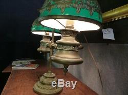 Rare antique oil lamp 19th c liberty bell double student lamp green glass shades