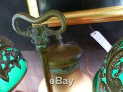 Rare antique oil lamp 19th c liberty bell double student lamp green glass shades