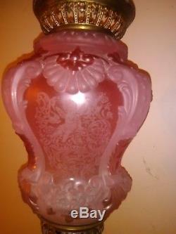 Rare antique pink Victorian hanging hall way kerosene oil lamp