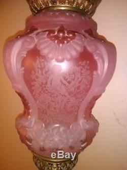 Rare antique pink Victorian hanging hall way kerosene oil lamp