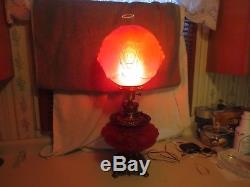 Red Satin Glass Puffy Lion Head GWTW Banquet Lamp Converted Oil To Electric