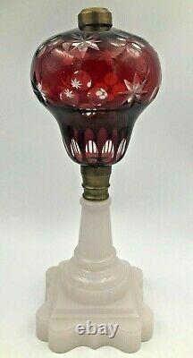 Ruby Overlay Cut to Clear Star and Quatrefoil Antique Oil Lamp Moonstone Base