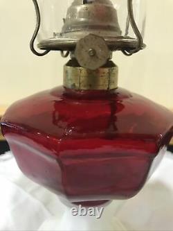 Ruby Red & Milk Glass Antique Dominion Eight Panel Finger Kerosene Oil Lamp P&A