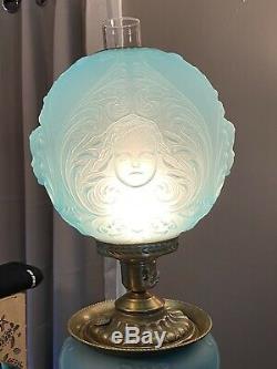 SCARCE Antique Blue Satin Glass Baby Child Cherub Angel Face GWTW Parlor Lamp