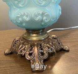 SCARCE Antique Blue Satin Glass Baby Child Cherub Angel Face GWTW Parlor Lamp