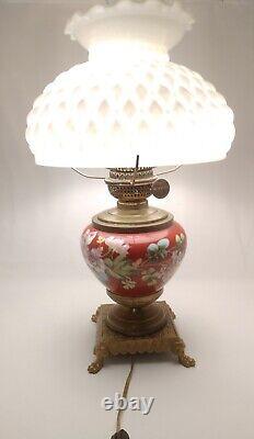 STUNNING! 21 P&A Harvard Converted Oil Lamp Antique PAINTED GLASS Victorian