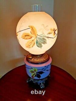 STUNNING ANTIQUE GONE with THE WIND FLORAL PARLOR HP OIL LAMP ELECTRIFIED