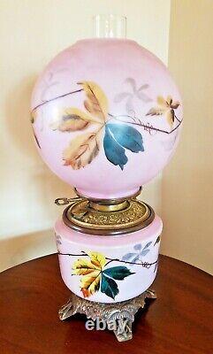 STUNNING ANTIQUE GONE with THE WIND FLORAL PARLOR HP OIL LAMP ELECTRIFIED