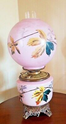 STUNNING ANTIQUE GONE with THE WIND FLORAL PARLOR HP OIL LAMP ELECTRIFIED