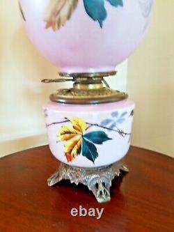 STUNNING ANTIQUE GONE with THE WIND FLORAL PARLOR HP OIL LAMP ELECTRIFIED