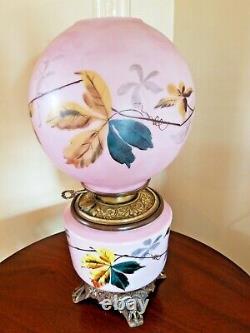 STUNNING ANTIQUE GONE with THE WIND FLORAL PARLOR HP OIL LAMP ELECTRIFIED