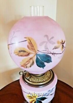 STUNNING ANTIQUE GONE with THE WIND FLORAL PARLOR HP OIL LAMP ELECTRIFIED