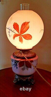 STUNNING ANTIQUE GONE with THE WIND FLORAL PARLOR HP OIL LAMP ELECTRIFIED