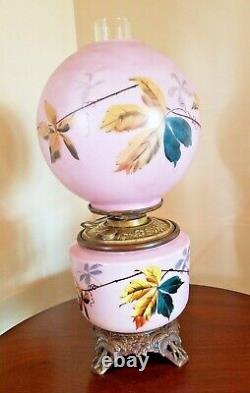 STUNNING ANTIQUE GONE with THE WIND FLORAL PARLOR HP OIL LAMP ELECTRIFIED