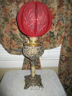 SUPERB! Antique Rare Moses Swann & McLewee Co Banquet Lamp Red Satin Glass Shade