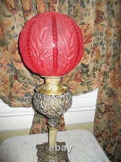 SUPERB! Antique Rare Moses Swann & McLewee Co Banquet Lamp Red Satin Glass Shade