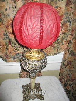 SUPERB! Antique Rare Moses Swann & McLewee Co Banquet Lamp Red Satin Glass Shade