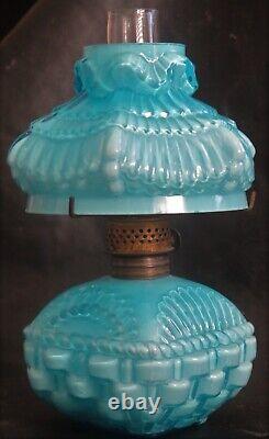 S 279 Basket Art Glass Blue Antique Miniature Oil Lamp Mint Fine Example