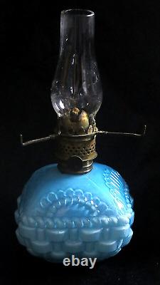 S 279 Basket Art Glass Blue Antique Miniature Oil Lamp Mint Fine Example